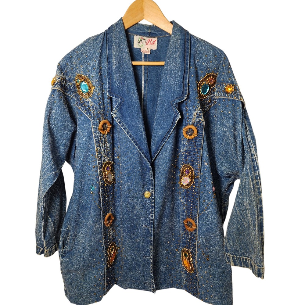 Pret Vintage 80s Long Denim Jacket‎ Coat Medium Rhinestone Embellished Unique